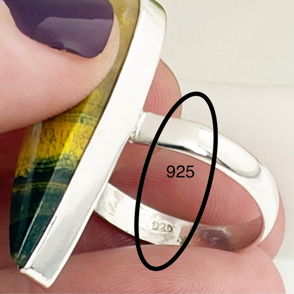 Solid Sterling Silver 925 Bumblebee Jasper Long Ring Size 8 1/4 Boho Southwest - Picture 6 of 8